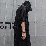 Threebooy Nightclub DJ Singer Punk Rock Hip Hop Long Shirt Black Hooded Cloak Cardigan Men Pleated Woven Cotton Blouse Gothic Vintage