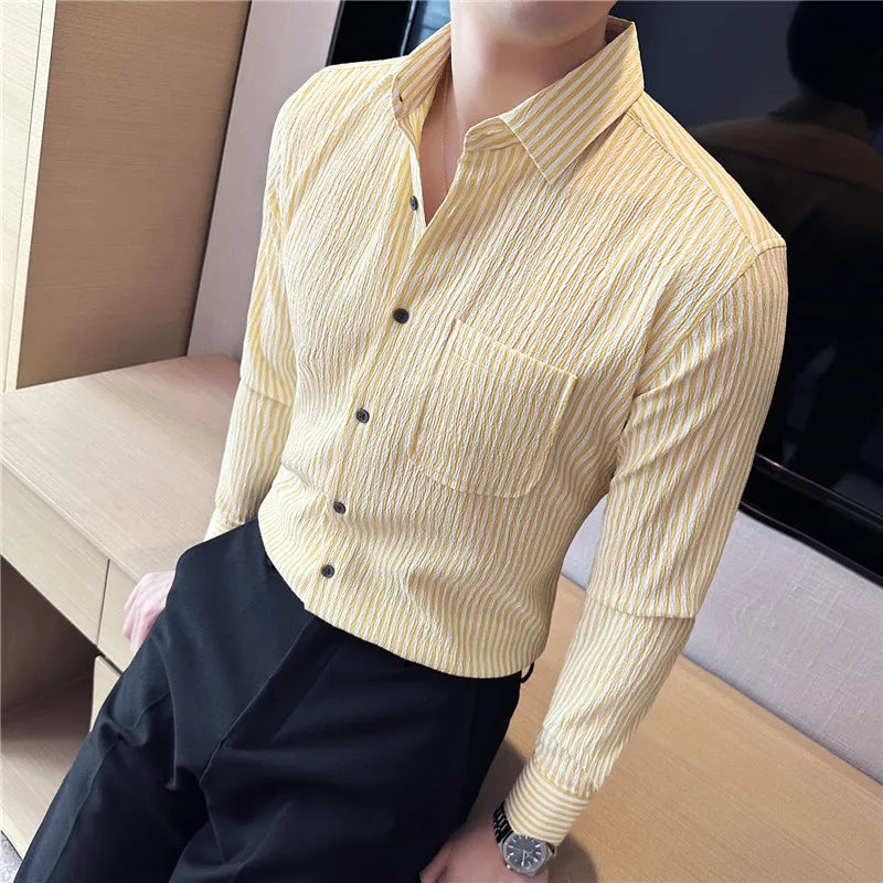 Threebooy Fashion Stripe Casual Men Long Sleeve Button Shirt Stitching Pocket Design Fabric Soft Comfortable for Men  Slim Fit Dress Shirt