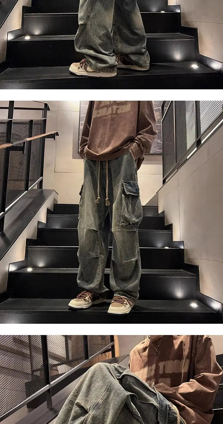 Threebooy High street hip-hop men and women trendy personality large pocket straight leg washed denim jeans couple retro casual pants y2k