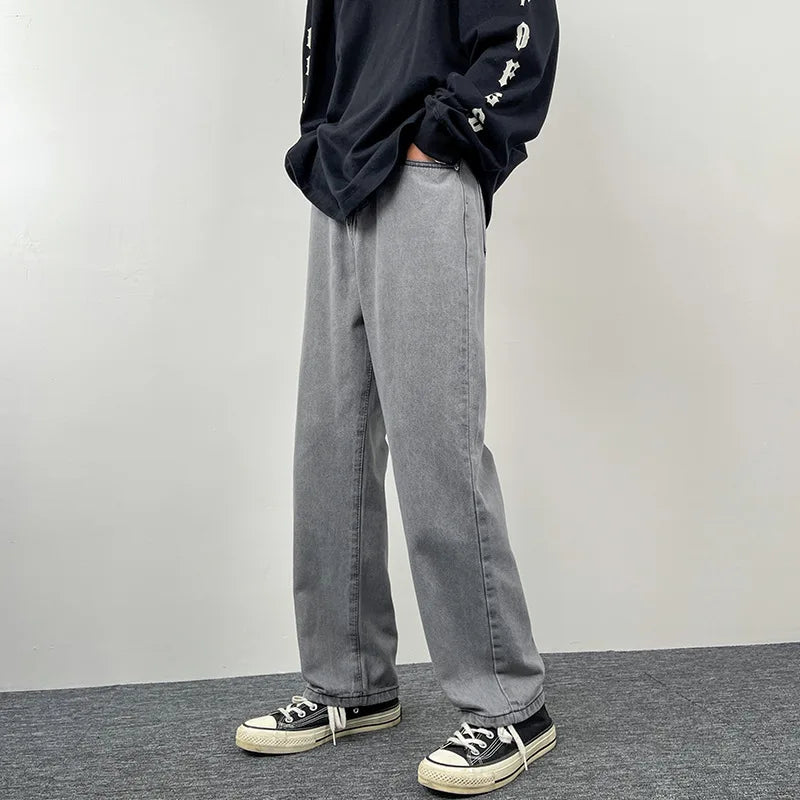 Threebooy New Korean Fashion Men's Casual Baggy Long Jeans Classic Man Straight Denim Wide-leg Pants Solid Color