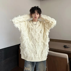 Threebooy Streetwear Sweater Men Stylish New Retro Hole Fringed Sweater Loose Versatile Knitwear Pullovers Long Sleeve Jumpers Clothing