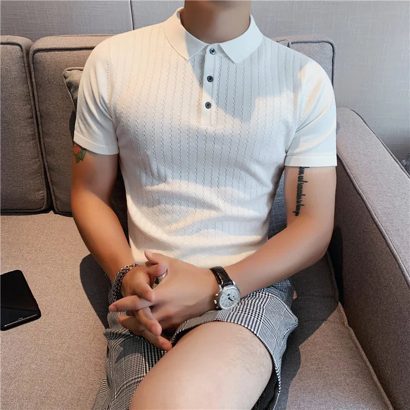 Threebooy  High Quality Summer Ice Silk Short Sleeve Knitted Polo Shirt Men Clothing Turn Down Collar Slim Fit Casual Tee Shirt Homme