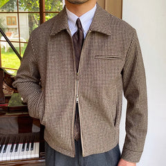 Threebooy High Quality Color Contrast Houndstooth Pattern Jacket Lapel Casual Zipper Coat Business Men Jacket Costume Homme Vintage Jacket