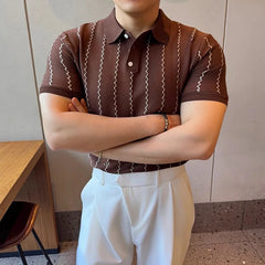 Threebooy New Slim Men Polo Shirt Leisure Luxury High Quality Knit Tops Business T-shirt Fashion Breathable Buttoned Short Sleeve Knitwear