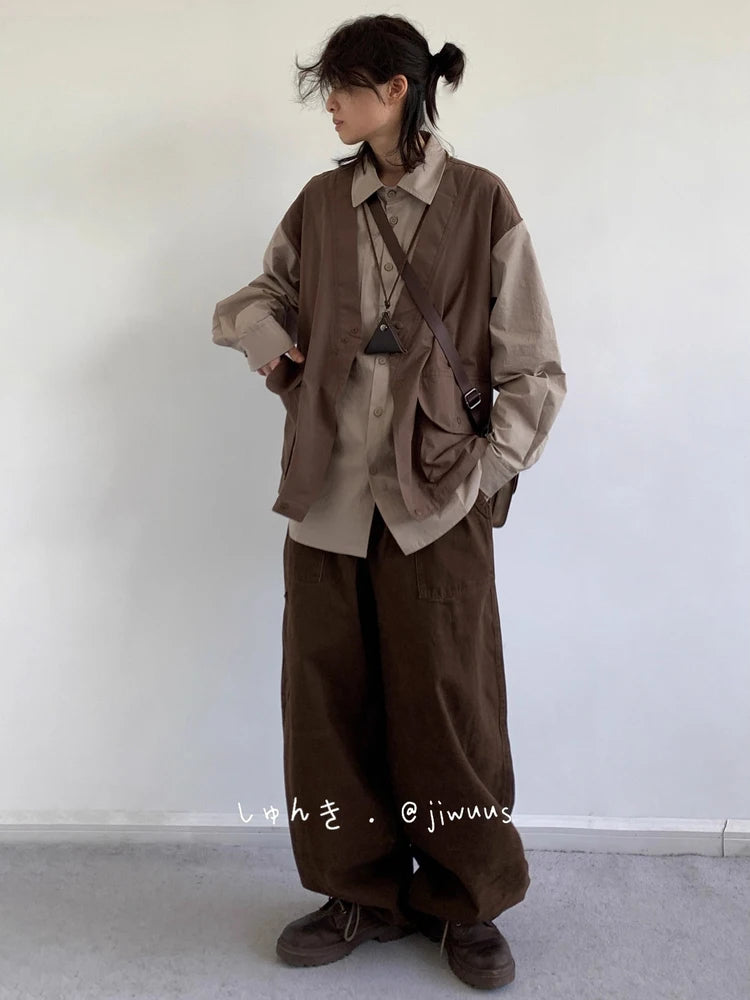 Threebooy  Japanese Style Dressing Retro Fake Two-piece Vest Long-sleeved Work Shirt American Fashion Men Casual Loose Shirt Trendy Jacket