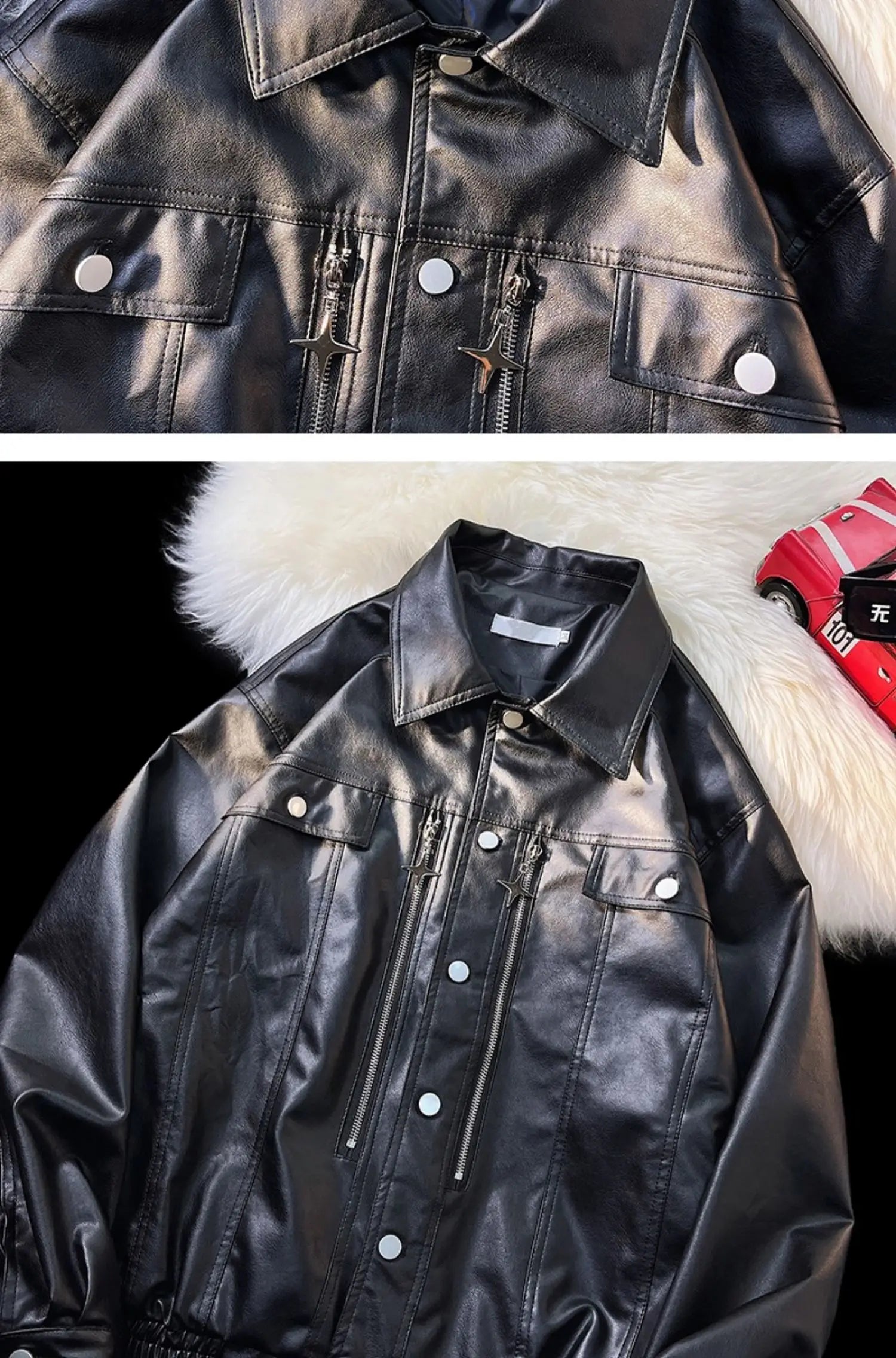 Threebooy Retro Motorcycle Leather Jacket Men's Spring Autumn Pu Jacket Loose Windproof Jackets Zipper Single-breasted Turndown Collar Top