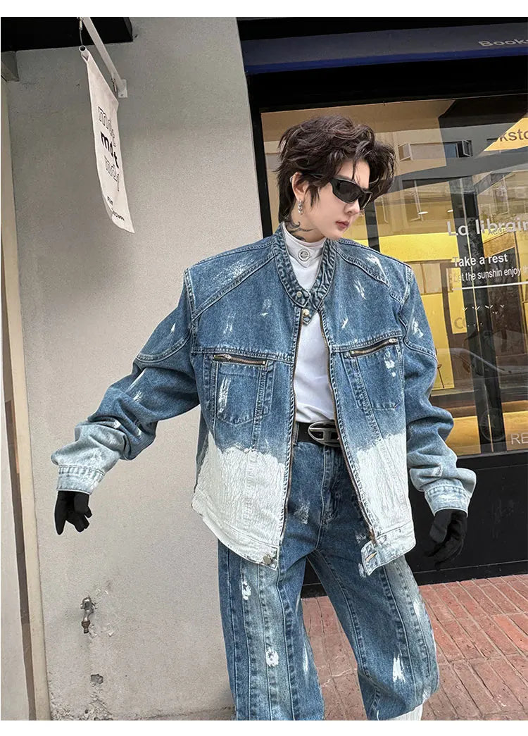 Threebooy Men's New 2-Piece Bleached Faded Denim Set