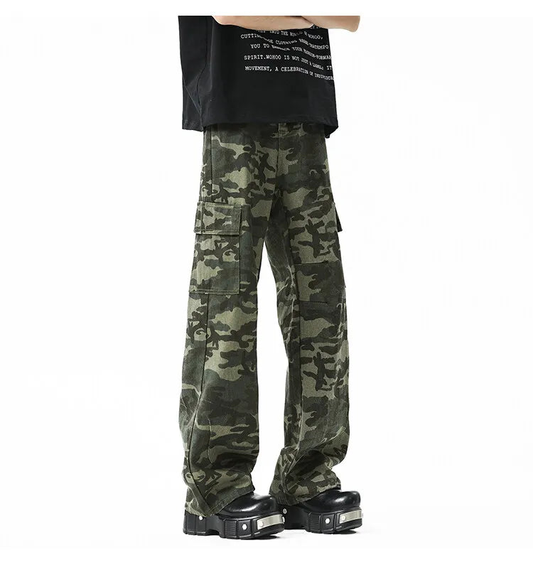 Threebooy Men Casual Straight Leg Camo Cargo Pants Outdoor Tactical Military Workwear Hiking Camping Durable Comfortable Jogger Trousers