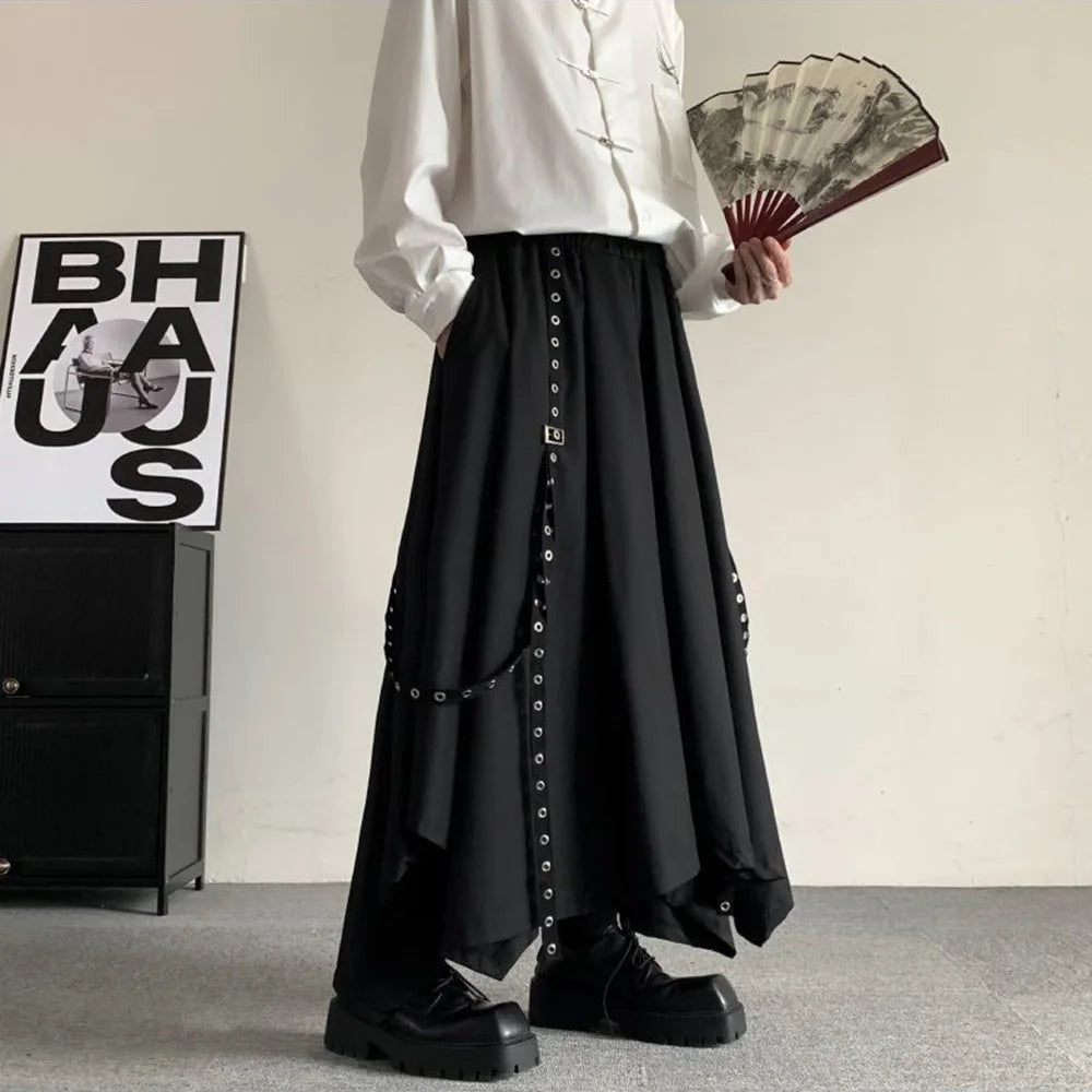 Threebooy Mens Gothic Rope Belt Decorated Irregular Skirt Pants Genderless Fashion Japanese Style Niche Dark Samurai Pants Hakama Unisex