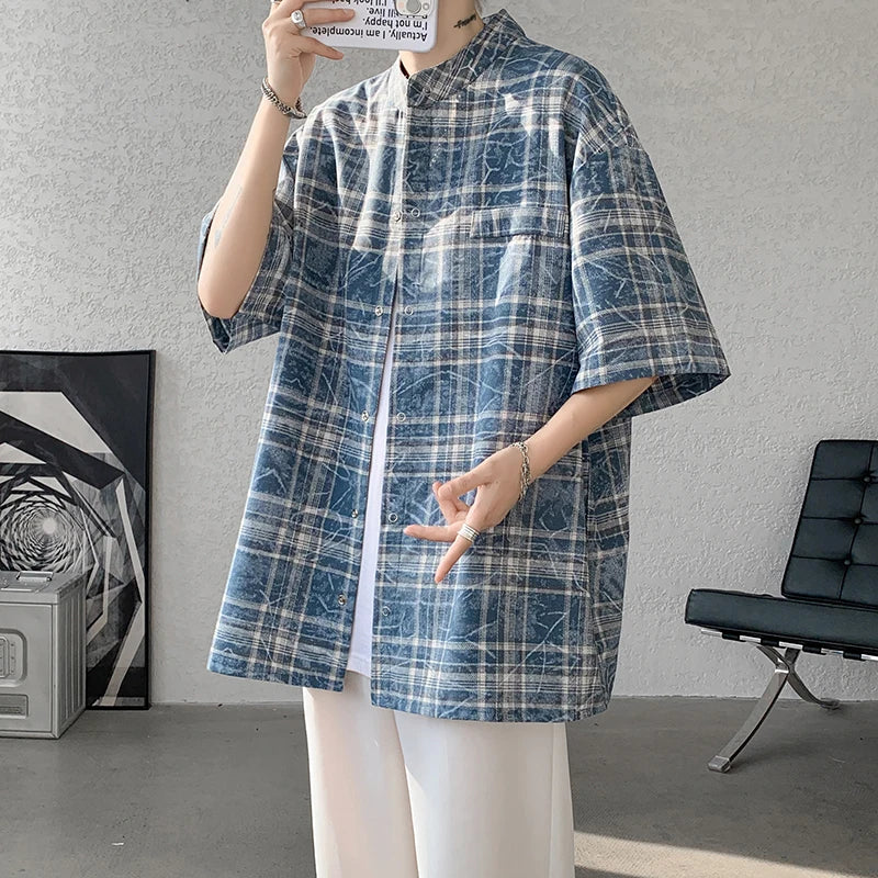Threebooy Vintage Blue Loose Plaid Men'S Shirt Fashion Tie-dye Printed Lapel Short Sleeve Men Shirts Blouses Tops Male Clothing 5XL-M