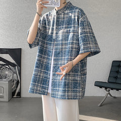 Threebooy Vintage Blue Loose Plaid Men'S Shirt Fashion Tie-dye Printed Lapel Short Sleeve Men Shirts Blouses Tops Male Clothing 5XL-M