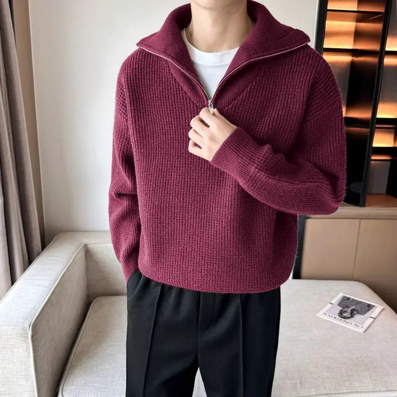 Threebooy Korean Thick Warm Knitted Men's Clothing Casual Knit Pullover Man to Man Sweaters For Men Loose Zipper Long Sleeve Sweater Male