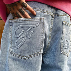 Threebooy Jeans High Street Y2K Heavy Industry Washed and Pressed Denim Loose Straight Tube Trousers Casual Versatile Hip Hop Street Trend