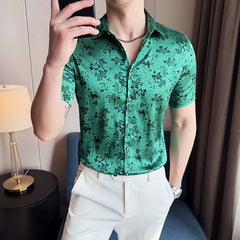 Threebooy  Summer New Men's Short Sleeved Shirt Fashion Jacquard Design Ice Silk Cool Slim Fit Social Party Tailcoat Shirt Size M-4XL