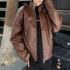 Threebooy  Spring Autumn New Men's Solid Color PU Leather Jacket Outerwear American Retro Fashion Trend High Street Casual Men's Tops