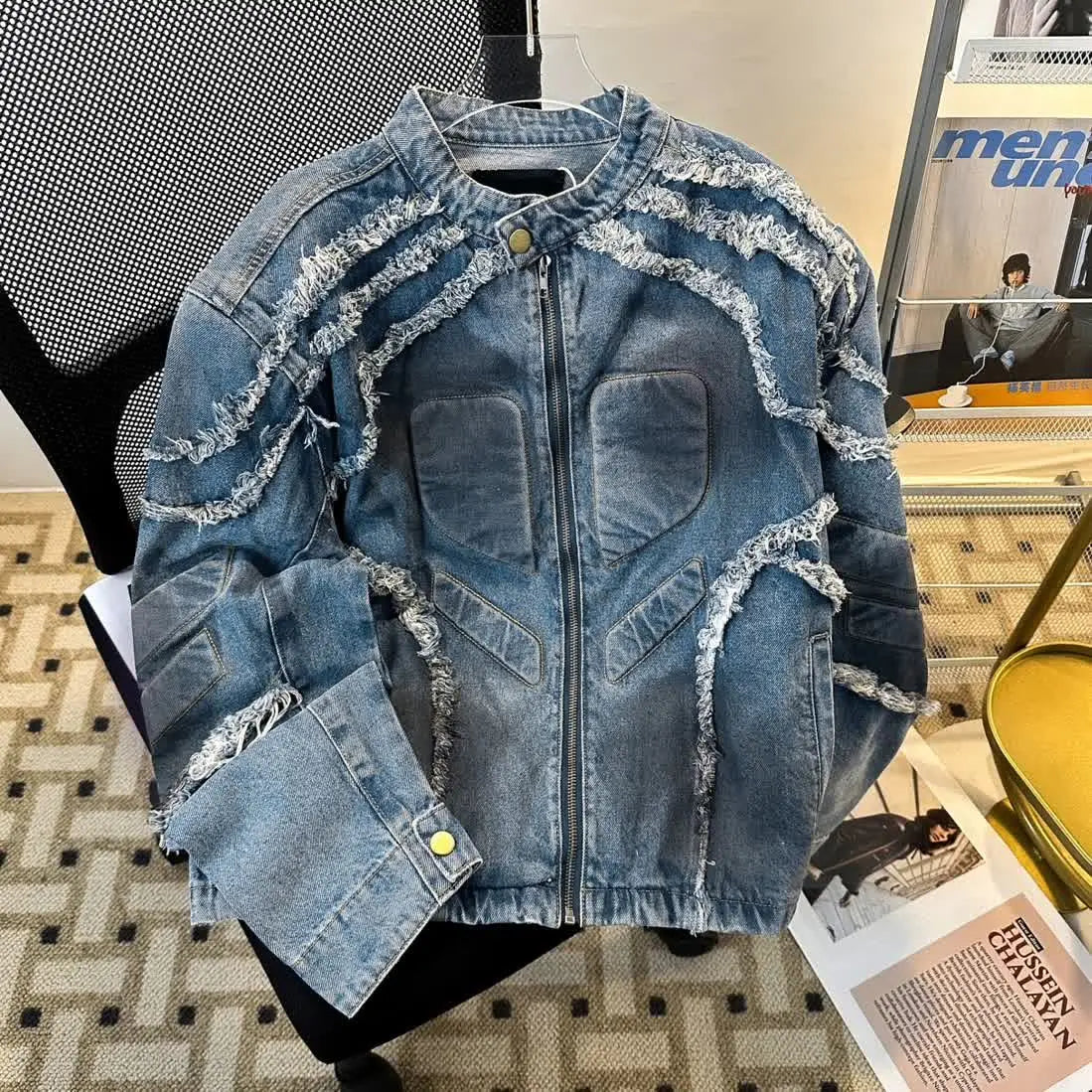 Threebooy Spring Autumn Jeans Coat American Retro Old Concave Embossed Shoulder Pad Denim Jacket Boys Washing with Breasts Dirty Coats Men