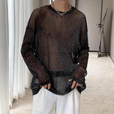 Threebooy Man T-shirt Sheer Mesh Round Neck Long Sleeve Sexy Men's Clothing Tops Out Streetwear Party Thin Style Clothes