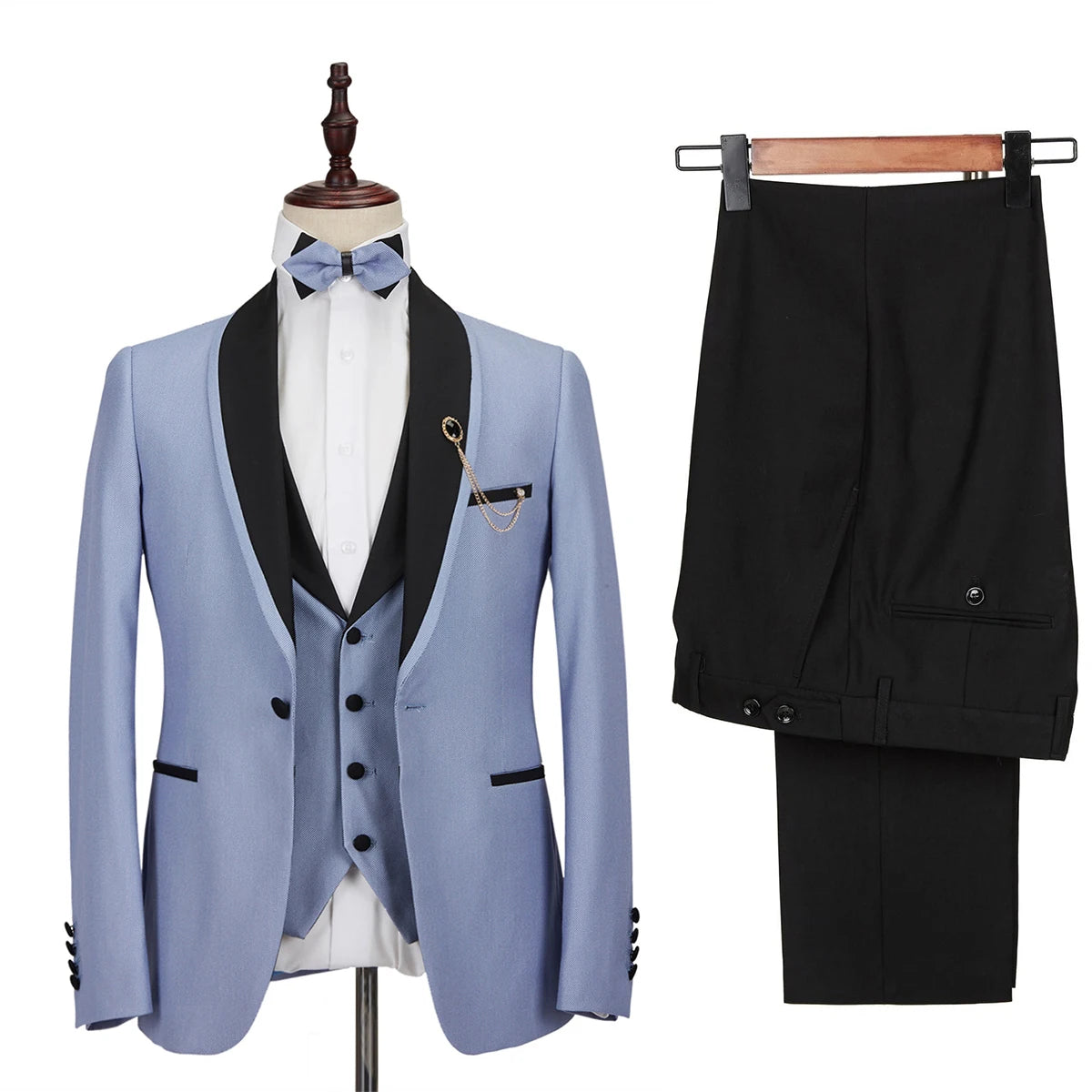 Threebooy  Blue Men's Suit 3 Pieces Blazer Vest Pants One Button Sheer Lapel Formal Work New Wedding Groom Formal Tailored
