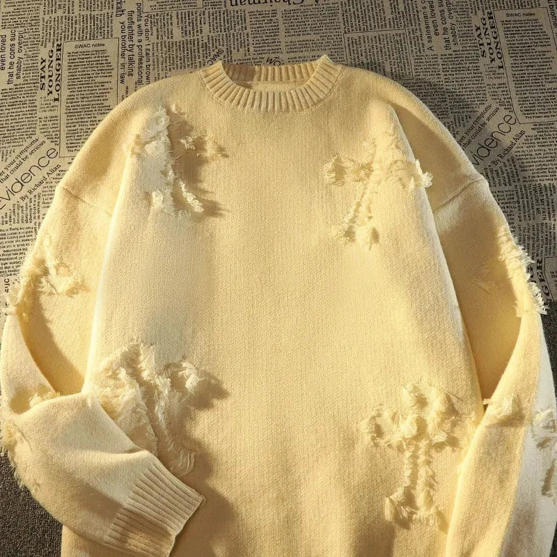 Threebooy Y2k Streetwear Sweater Men New Retro Hole Fringed Sweater Loose Versatile Knitwear Pullovers Long Sleeve Jumpers Clothing