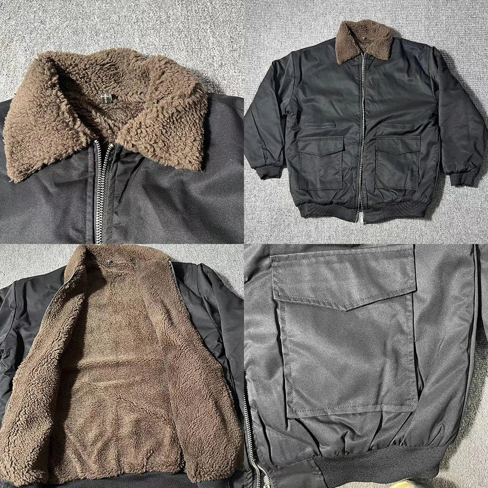 Threebooy Lamb Coat Men's Winter Velvet Thickened Short Autumn High Street Jacket Turndown Colllar Long Sleeves Zipper Pockets Jackets