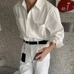 Threebooy  New Men Luxury Korean Style Shirts Casual Long Sleeve Drapped Solid Color Button-down Cardigan Fashion Business Leisure Blouse