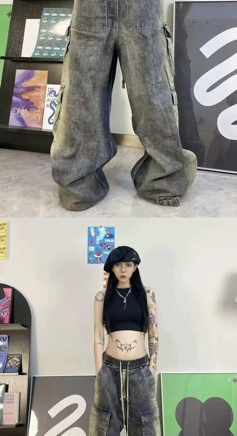 Threebooy Street men and women trendy and personalized hip-hop straight leg washed gradient jeans for couples loose casual Harajuku pants