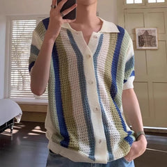 Threebooy New Trend Men Striped Cardigan Tops Vintage Light Luxury Hollow Out Knitted Shirts Lazy Style Summer Casual Short Sleeve Blouse