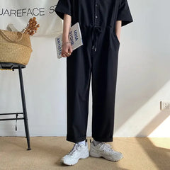 Threebooy Men's Overalls Jumpsuits Summer Fashion Casual Nine Point Cargo Pants Japanese Retro Male Clothes Couple Loose Solid Color Suit