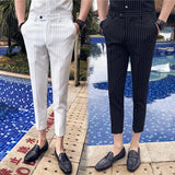 Threebooy  Men Stripe Pants Slim Fit Midwaist Trousers Classic Vintage Check Suit Male Wedding Pants Men Business Formal Trousers 35