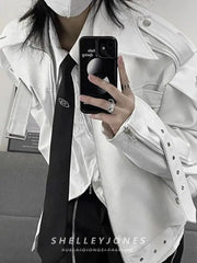 Threebooy  Leather Jacket American Retro High Street White Coat Men's Spring Autumn Streetwear Niche High-end Motorcycle Jacket