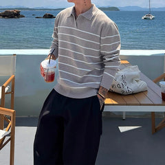 Threebooy American Chic Striped Men Polo Sweater Luxury Trendy Business V Neck Knit Solid Color Pullover Leisure Slim Long Sleeve Knitwear