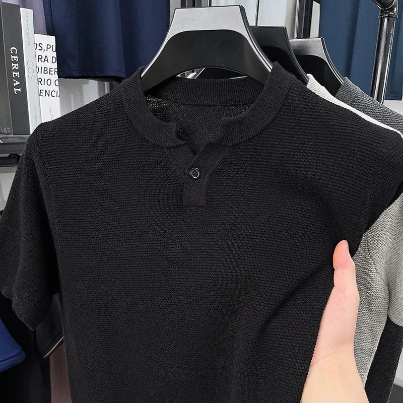 Threebooy  New Men Luxury Chinese O Collar T-Shirt Leisure Slim Button-down Solid Color Short Sleeve Tops Summer Breathable Basic Knitwear