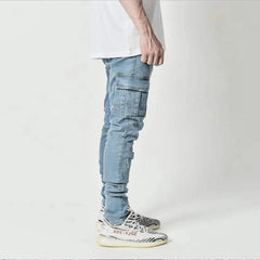 Threebooy Street Elastic Jeans Men Denim Cargo Pants Wash Solid Color Multi Pockets Casual Mid Waist Trousers Slim Fit Daily Wear Joggers