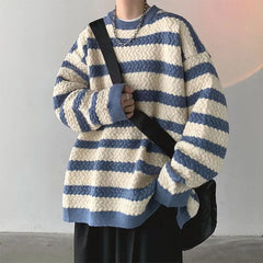 Korean style autumn and winter men and women trendy striped round neck knitted sweater for couples loose retro casual top y2k
