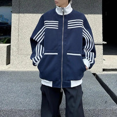 Threebooy  American Street Striped Contrast Color Stitching Zipper Cardigan Stand Collar Sweatshirt Men 2025 Spring Autumn New Y2k Jacket