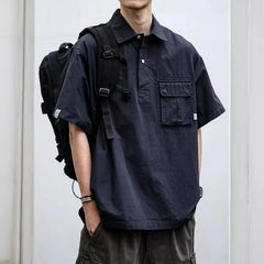 Threebooy  Japanese retro workwear pullover short-sleeved shirt men's summer fashion brand outdoor trend loose casual shirt jacket trend