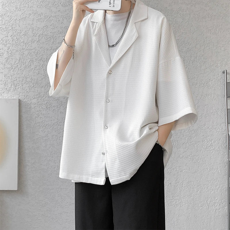 Threebooy Solid Color Suit Collar Men's Texture Shirts Men Oversized Casual Half Sleeve Shirt Tops Summer Streetwear Man Blouse 5XL-M