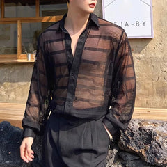 Threebooy  Summer New Men's Solid Color Striped Hollow Long-Sleeved Shirt Retro Fashion Trend Leisure Loose Breathable Niche Men's Tops