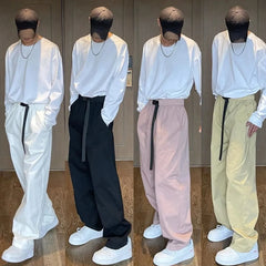 Threebooy Men's Retro Solid Color Belt Wide-Leg Overalls American Street Hip-Hop Casual Trend Loose Comfortable Simple Straight Trousers