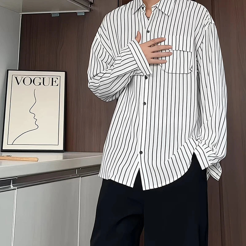 Threebooy Autumn New Striped Shirt Handsome Long Sleeve Pocket Design Men's Clothing Button Loose Streetwear Casual Korean Autumn
