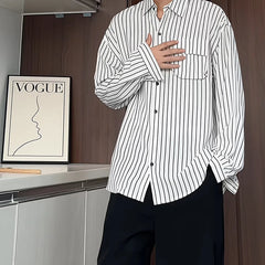 Threebooy Autumn New Striped Shirt Handsome Long Sleeve Pocket Design Men's Clothing Button Loose Streetwear Casual Korean Autumn