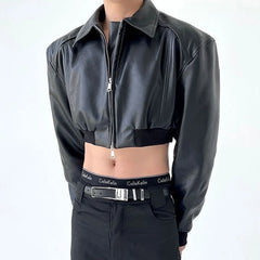 Threebooy Autumn Product Design Sense Lgbt Sexy Navel Exposed Fashion High Street High Waist Double Zipper Wide Shoulder Leather Jacket