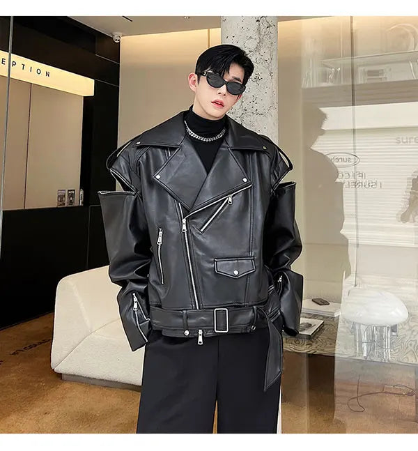 Threebooy Autumn Winter Wide Shoulder Zipper Leather Jacket Luxury Men Streetwear Loose Vintage Punk Motorcycle Jacket Korean Fashion Coat