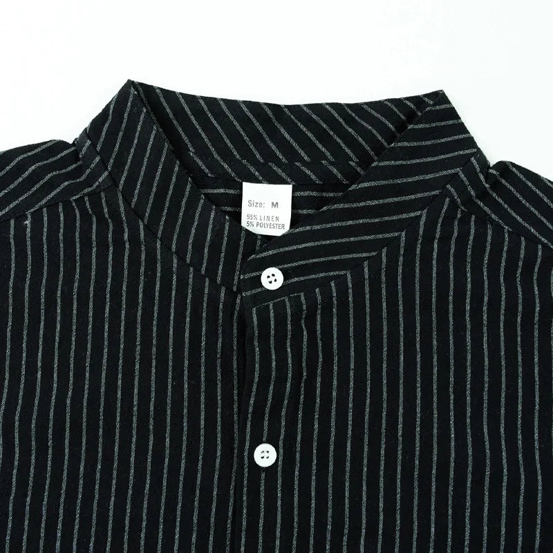 Threebooy 2025 New Autumn New Men's Casual Shirt Business Casual Style Linen Shirt Striped Stand Collar Long Sleeve Cardigan Shirt Men