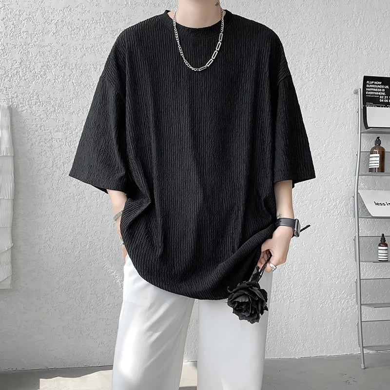 Threebooy  Summer Fashion Texture Men's T Shirt Casual Solid Short Sleeve Classical Tee Mens Oversized Hip-Hop Top Tees