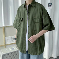Threebooy  Working Pocket Solid Color Pure Cotton Short-sleeved Shirt Fashionable Summer Lapel Button Functional Half-sleeved Cardigan