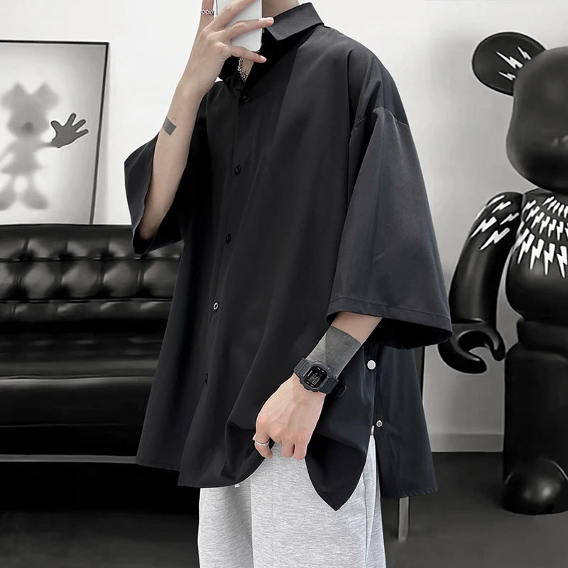 Threebooy 5 Colors Side Buttons Shirt Harajuku Solid Button Up Korean Short Sleeve Aesthetic Male Shirts Blouse Men Black White Yellow