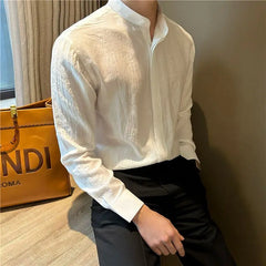 Threebooy  Long-sleeved Stand-collar Pleated Shirt Men's Summer Seaside Vacation Style Casual and Versatile Solid Color Spring Autumn Shirt