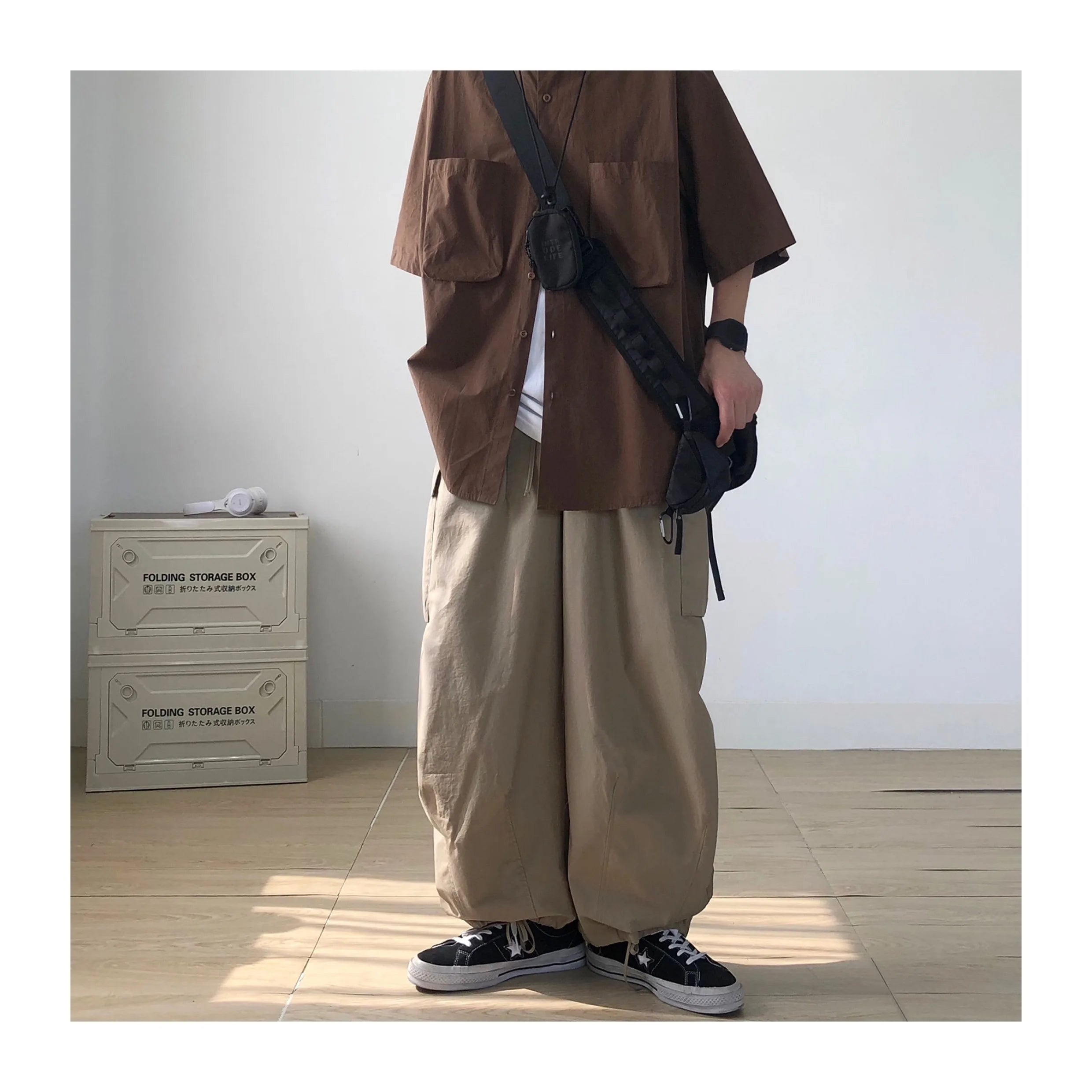 Threebooy Spring Autumn Japan Pants Retro Loose Straight Wide-leg Workwear Men Women Versatile Feet Tied Casual Trendy Trousers Aesthetic