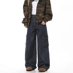 Threebooy Korean Retro Men'S Loose Wide Leg Jeans High Street Straight Leg Pants Casual Jeans Multi Pocket Work Pants
